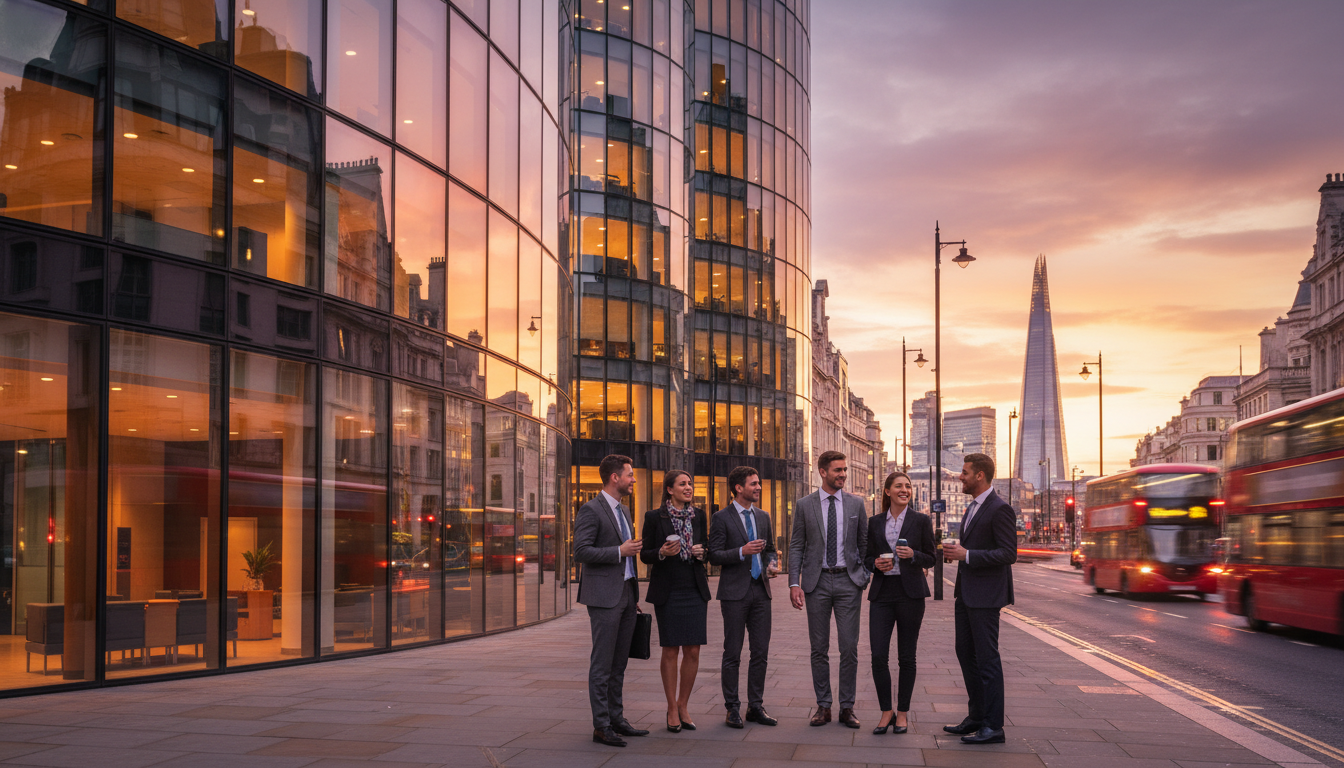 A high-quality, photorealistic image of a sleek glass office building in the City of London at sunset, with a diverse group of business professionals talking outside on a clean sidewalk.