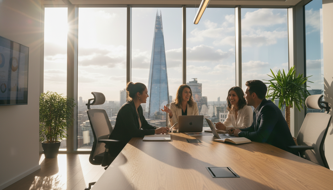 A high-resolution, photorealistic shot of a diverse group of young entrepreneurs collaborating in a modern glass-walled office in London, with the Shard visible in the background and natural sunlight streaming in.