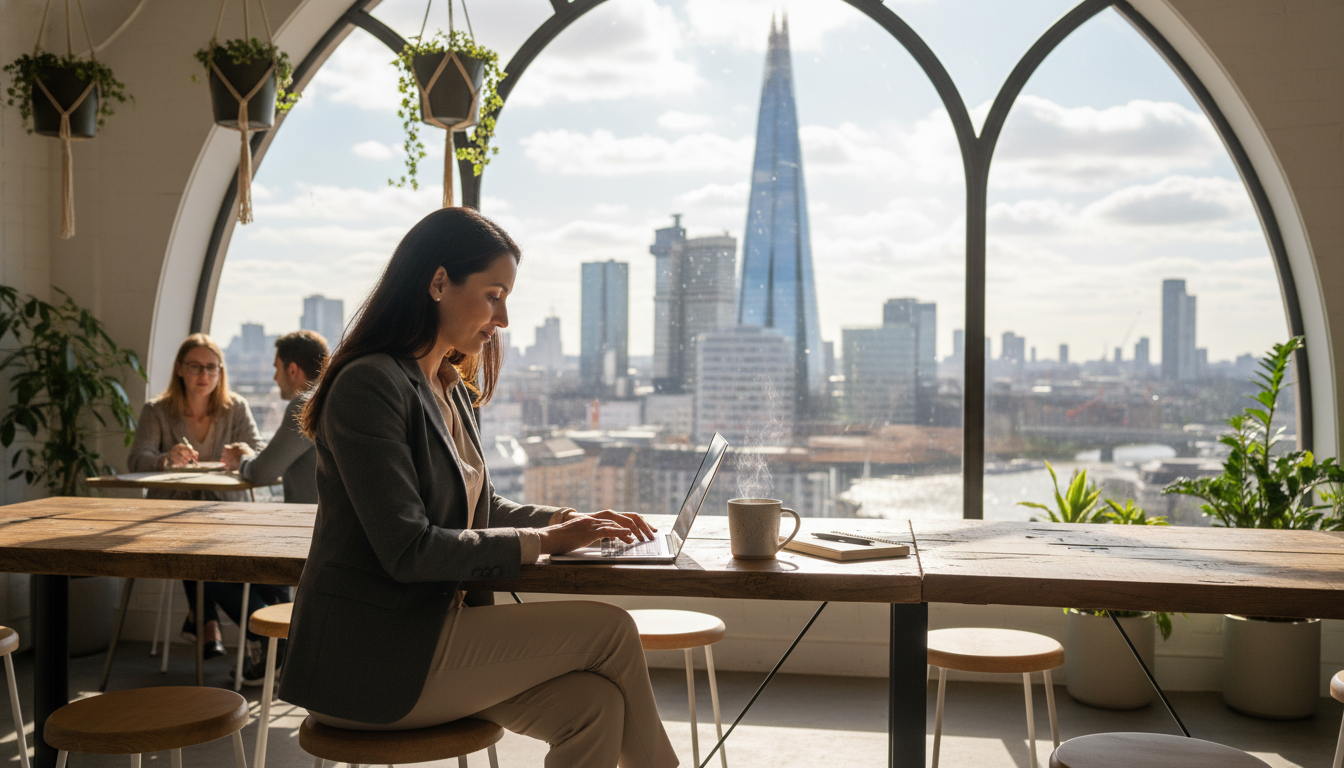 A professional expat sitting in a modern, sunlit co-working space in London with a view of the Shard in the background, typing on a sleek laptop with a cup of coffee nearby, photorealistic style, high resolution.