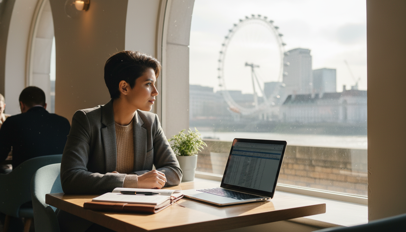 A diverse young entrepreneur sitting in a bright, modern London cafe with a laptop and a notebook, looking thoughtfully out of a large window at the London Eye in the distance, photorealistic style, soft morning sunlight.