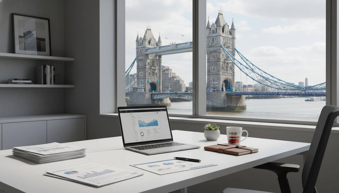 A detailed, photorealistic image of a professional workspace in a bright London office, with a view of the Tower Bridge through the window, featuring a laptop and business documents on a clean white desk.