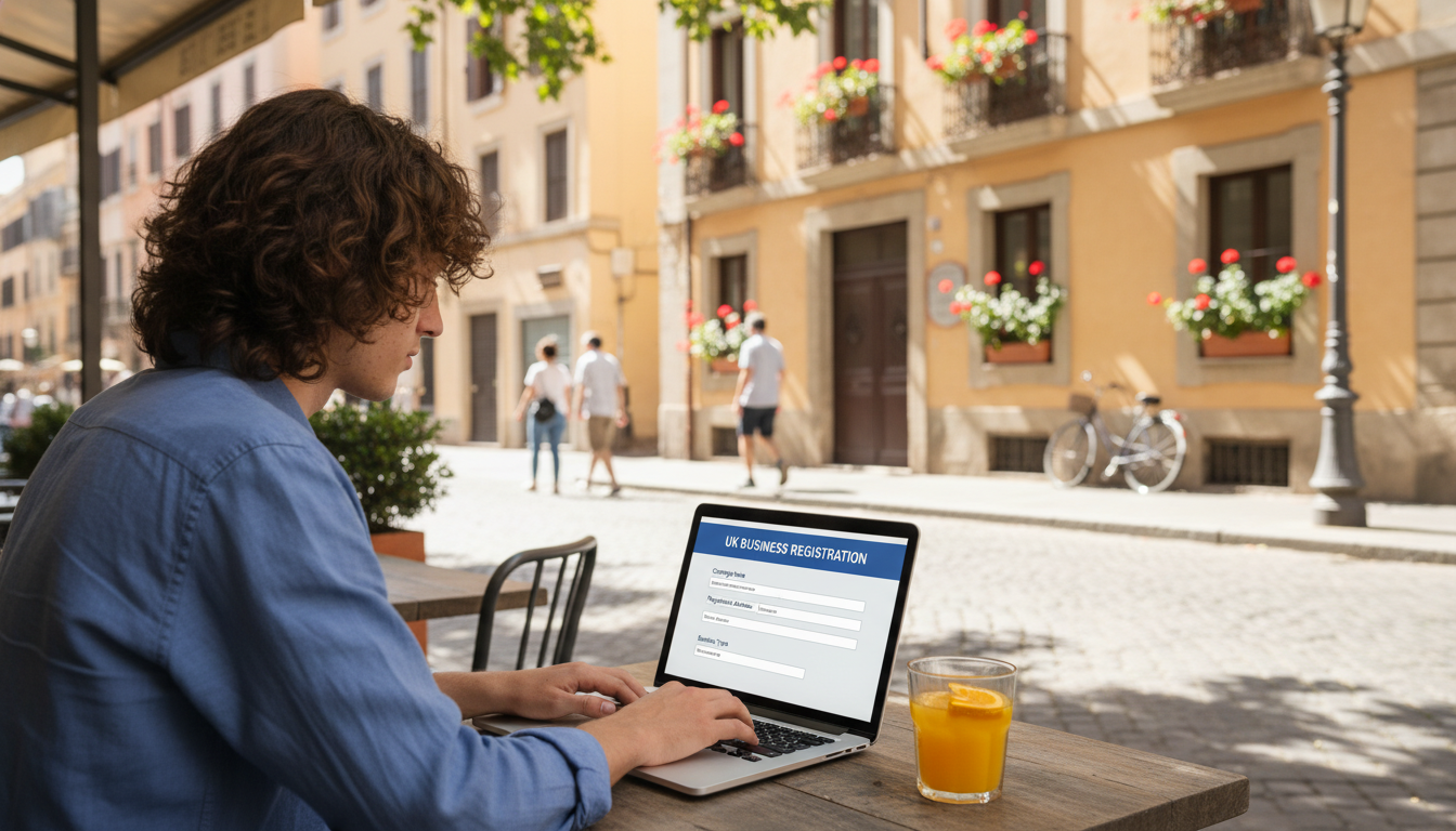 A high-quality, photorealistic shot of a person using a laptop at a cafe in a sunny European city, with a digital interface showing a UK business registration form and a glass of orange juice on the table.