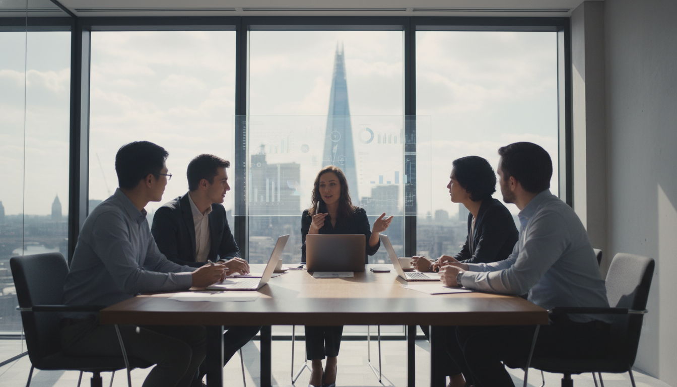 A diverse group of young entrepreneurs collaborating in a modern, glass-walled office in London, with the Shard visible in the background through the window, photorealistic, cinematic lighting, soft focus on the background.