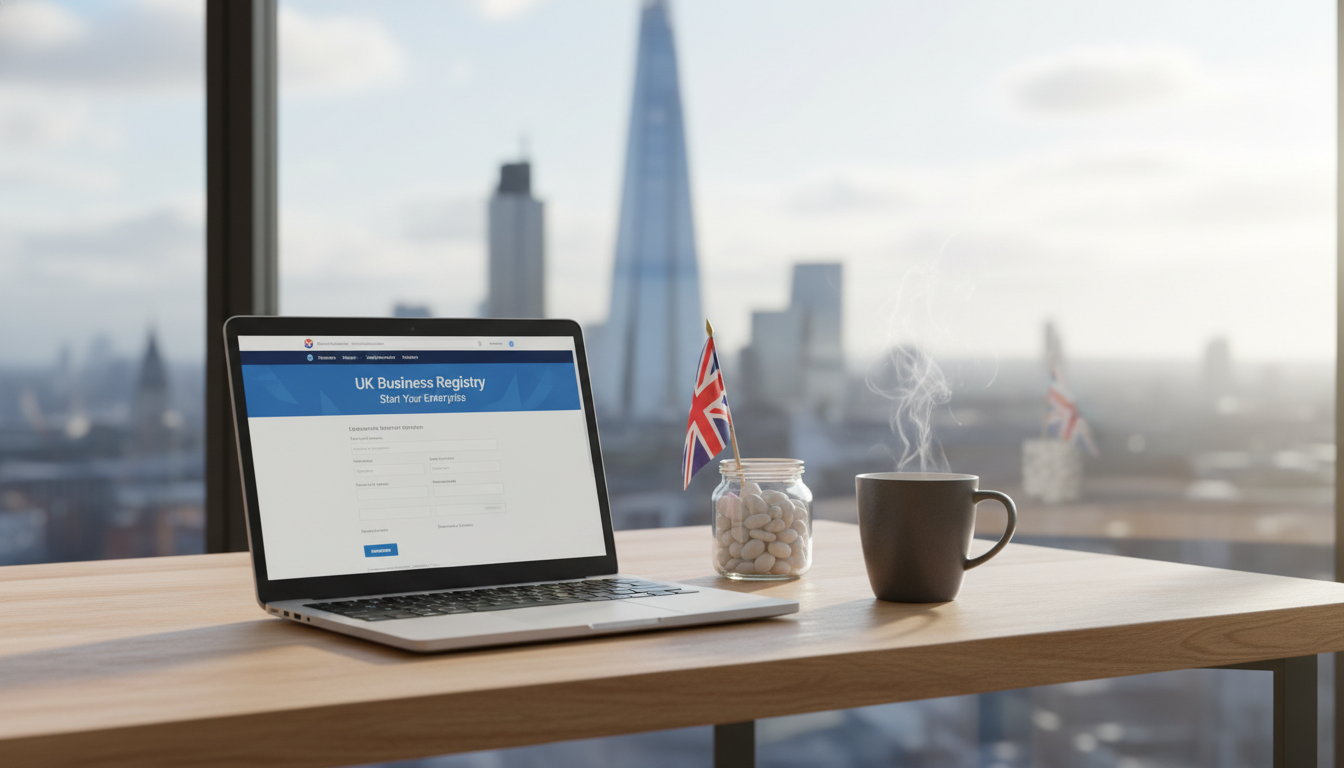 A high-quality, photorealistic image of a modern wooden desk with a sleek laptop open showing a business registration website, a ceramic mug of hot steaming tea, a small Union Jack flag in a glass jar, and a blurred view of the London Shard and skyline through a large window in the background during a bright morning.