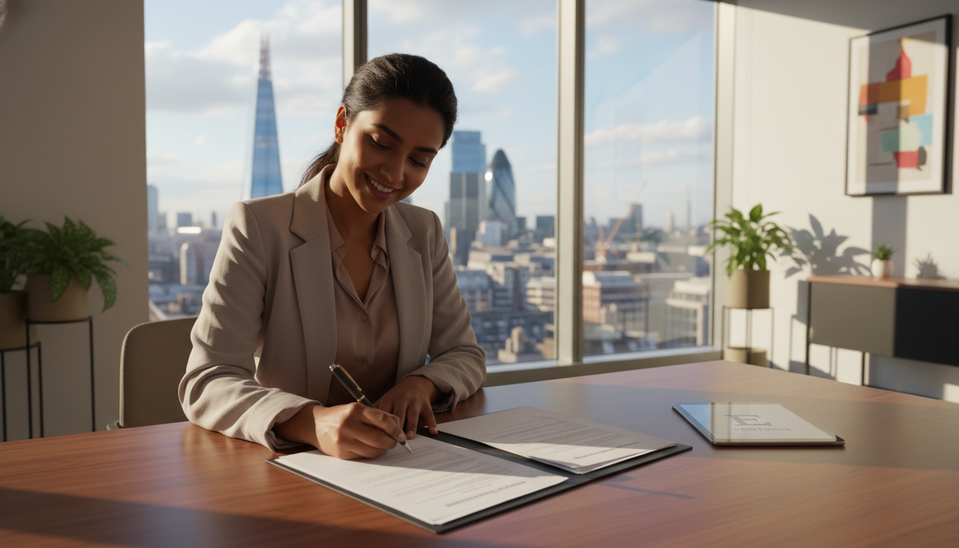 A detailed, photorealistic image of a diverse young entrepreneur smiling while signing official-looking business registration documents in a bright, modern office with a view of the London skyline.