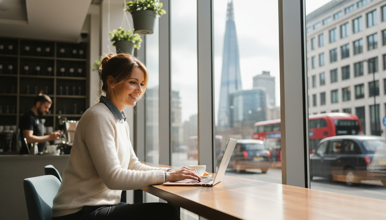 A professional expat entrepreneur smiling while working on a laptop in a modern, sunlit London cafe with a view of the Shard through the window, photorealistic style, high quality.